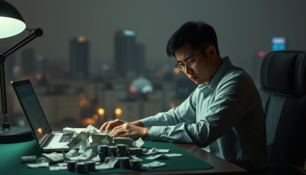 A Taiwanese casino player sits dejectedly at a desk, surrounded by crumpled betting slips and a laptop displaying complex financial calculations. The scene is illuminated by a single desk lamp, casting dramatic shadows and evoking a somber, introspective mood. The player's expression conveys a sense of regret and disillusionment, their once-hopeful dreams of striking it rich now shattered. In the background, a hazy, blurred cityscape hints at the broader societal context of the player's downfall. The overall composition suggests the personal and financial toll of the casino's deceptive practices on unsuspecting patrons.