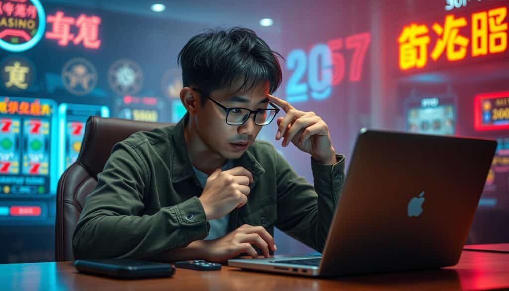A Taiwanese gambler sits at a desk, a laptop and mobile phone before them, their face etched with concern. Behind them, a hazy backdrop of an online casino interface, neon lights and spinning slot reels. Soft, diffused lighting creates an air of unease, while the gamer's pose conveys a sense of frustration and disillusionment. The scene captures the vulnerable experience of a Taiwanese player navigating the treacherous landscape of online gambling, facing the threat of fraud and deception.