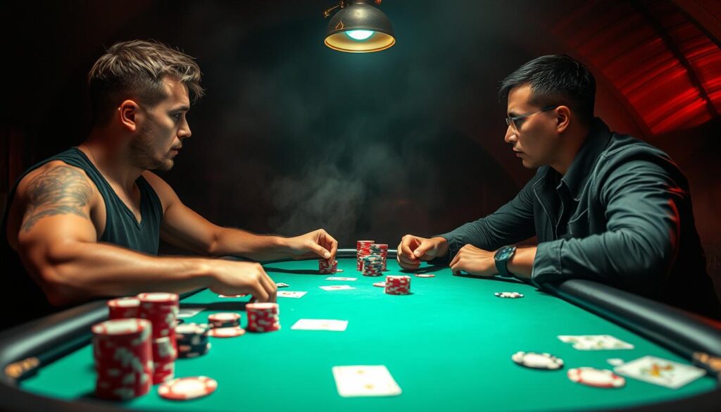 A Texas Hold'em poker table set against a dimly lit, smoky backdrop. In the foreground, two players lock eyes, their faces etched with intense concentration as they contemplate their next moves. The table is scattered with poker chips, cards, and the subtle hint of a winning hand. Overhead, a single spotlight casts a warm, dramatic glow, emphasizing the high-stakes tension of the moment. The players' body language is tense, their postures reflecting the unpredictable nature of the game and the uncertainty of their opponent's actions. The atmosphere is charged with the anticipation of the unexpected, hinting at the capricious role of luck in shaping the outcome of this intense poker duel.
