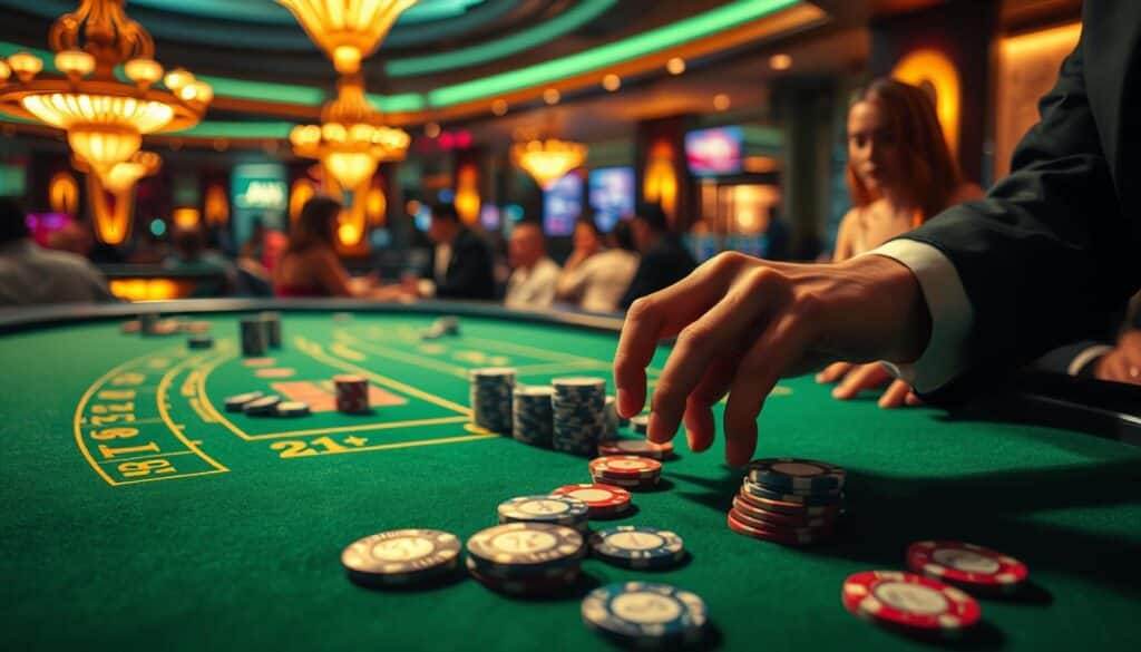 A beautifully illuminated casino table, the green felt surface glistening under warm overhead lighting. In the foreground, a pair of skilled hands delicately arranging casino chips in strategic formations, each color and denomination carefully considered. The background showcases the hustle and bustle of the gaming floor, with other players engaged in the thrilling dance of baccarat, their faces alight with anticipation. The composition evokes a sense of focus, precision, and the calculated mastery of the game's nuances, capturing the essence of the "投注技巧與策略" section.