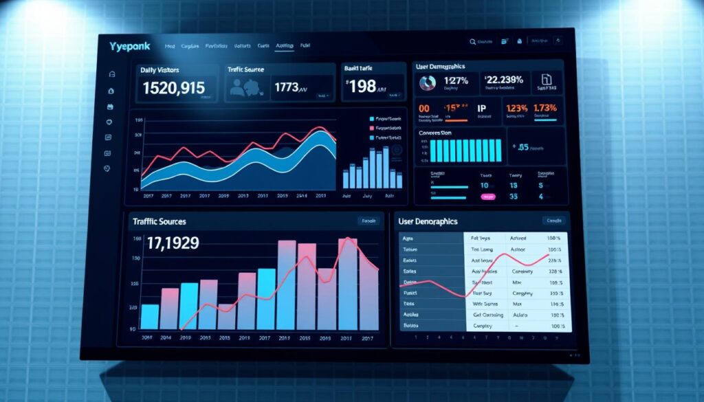 A beautifully rendered data visualization dashboard showcasing detailed website traffic analytics. The foreground features a sleek, modern line chart displaying daily visitor trends, with smooth curves and vivid colors. In the middle ground, a series of bar graphs break down traffic sources, user demographics, and conversion metrics, all presented with clean typography and well-organized layouts. In the background, a subtle grid pattern creates a sense of depth and technical precision, complemented by a muted color palette of blues and grays that evokes a professional, analytical atmosphere. Soft, diffused lighting casts gentle shadows, enhancing the three-dimensional quality of the visualization. The overall impression is one of comprehensive, data-driven insights presented through a visually striking, user-friendly interface.