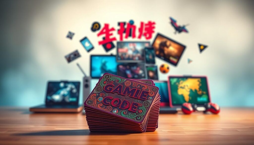 A beautifully rendered image of "免費遊戲代碼" against a softly blurred background, showcasing a vibrant and engaging online gaming scene. The foreground features a stack of colorful game code cards, each one artfully designed with intricate patterns and stylized text. The middle ground depicts an array of gaming devices - smartphones, laptops, and tablets - arranged in a dynamic, eye-catching composition. The background subtly hints at the online entertainment landscape, with subtle hues of blues and greens creating a calming, inviting atmosphere. The lighting is warm and natural, casting gentle shadows and highlights that bring the scene to life. The overall image conveys a sense of excitement, accessibility, and the thrill of discovering free game codes, perfectly encapsulating the essence of the "獲取免費遊戲代碼的技巧" section.
