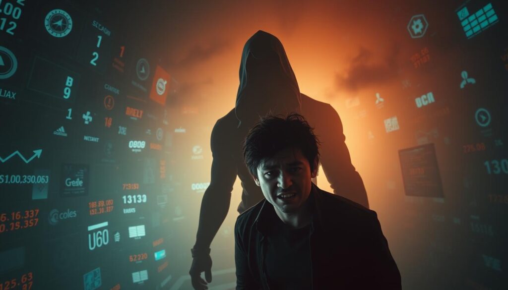 A bewildered individual stands amidst a chaotic scene, face contorted in a mix of confusion and distress. The foreground is dominated by a shadowy figure, looming menacingly, with an unnerving gaze and a predatory stance. In the middle ground, a tangle of numbers, logos, and digital interfaces suggest the trappings of an online scam or fraud. The background is a hazy, unsettling void, evoking a sense of isolation and vulnerability. Dramatic lighting casts deep shadows, heightening the sense of unease and the feeling of being trapped in a precarious situation. The overall atmosphere is one of heightened tension, uncertainty, and the overwhelming sense of being the victim of a deceptive and manipulative scheme.