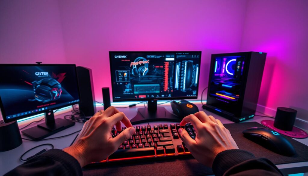 A bright, immersive gaming setup with a sleek, modern desktop computer, a high-resolution gaming monitor, and an ergonomic gaming keyboard and mouse. The foreground features a player's hands demonstrating various gaming techniques, such as precise mouse movements and button presses. The middle ground showcases an array of gaming accessories, including a gaming headset, a gaming mouse pad, and RGB lighting elements that create a captivating ambiance. The background depicts a minimalist, studio-like setting with soft, diffused lighting that accentuates the gaming equipment and the player's actions. The overall scene conveys a sense of expertise, immersion, and the sharing of valuable gaming strategies.