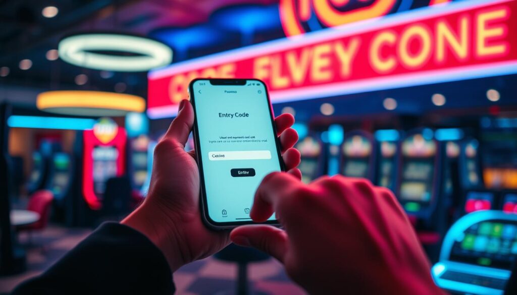 A bright, modern digital display showcasing the use of an online casino promotional code. In the foreground, a person's hand holds a smartphone, the screen displaying the code entry process. The background features a blurred casino environment, with glowing neon lights and a sleek, futuristic design. The lighting is warm and inviting, creating a sense of excitement and anticipation. The overall composition conveys the ease and convenience of using a casino promotional code, enticing the viewer to explore the online entertainment options.