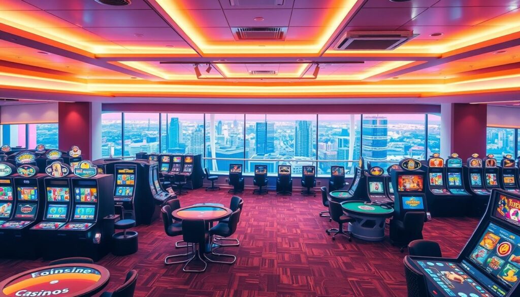 A bright, well-lit interior of a modern online casino lobby. In the foreground, various gaming stations with sleek, high-tech slot machines and digital tables, all bathed in a warm, inviting glow. The middle ground showcases a variety of game categories, including classic casino games, live dealer tables, and immersive video slots, each with eye-catching visuals and animations. The background features a panoramic view of a bustling city skyline, hinting at the excitement and connectivity of the online gaming experience. The overall atmosphere is one of sophistication, engagement, and the promise of thrilling entertainment and potential winnings.