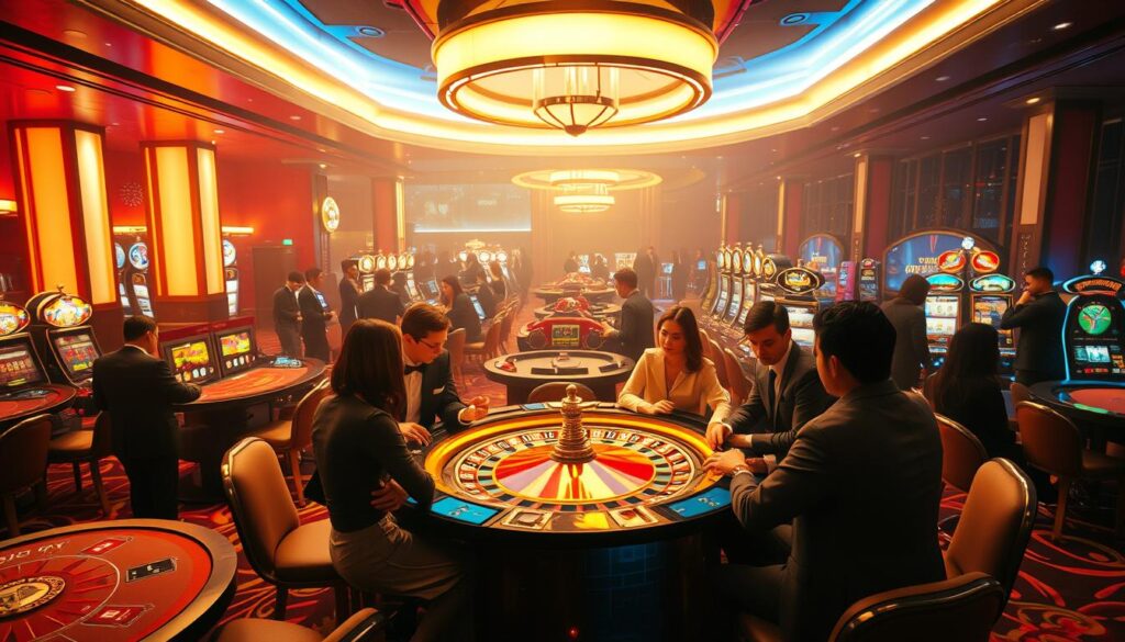 A brightly lit casino interior, with a central gaming table illuminated by warm overhead lighting. In the foreground, a group of well-dressed players engaged in a lively game of roulette, their faces and hands animated with the thrill of the spin. The middle ground features a variety of other casino games, such as blackjack, baccarat, and slot machines, each with its own distinct visual appeal. The background is hazy, with the faint outline of a bar and lounge area, creating a sense of energy and anticipation. The overall atmosphere is one of opulence, excitement, and the promise of potential winnings, capturing the essence of the "賭場遊戲推薦" experience.