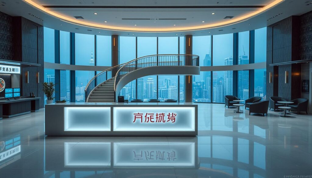 A brightly lit casino interior with a minimalist design aesthetic. In the foreground, a sleek reception desk with a backlit glass panel displaying the text "賭場娛樂城注意事項". Behind the desk, a curved staircase leads up to a mezzanine level, its balustrade adorned with elegant brass accents. The middle ground features plush leather chairs and small side tables, creating a comfortable waiting area. In the background, floor-to-ceiling windows provide a panoramic view of a bustling city skyline. The overall atmosphere is one of sophistication and attention to detail, inviting the viewer to explore the important information displayed at the reception desk.