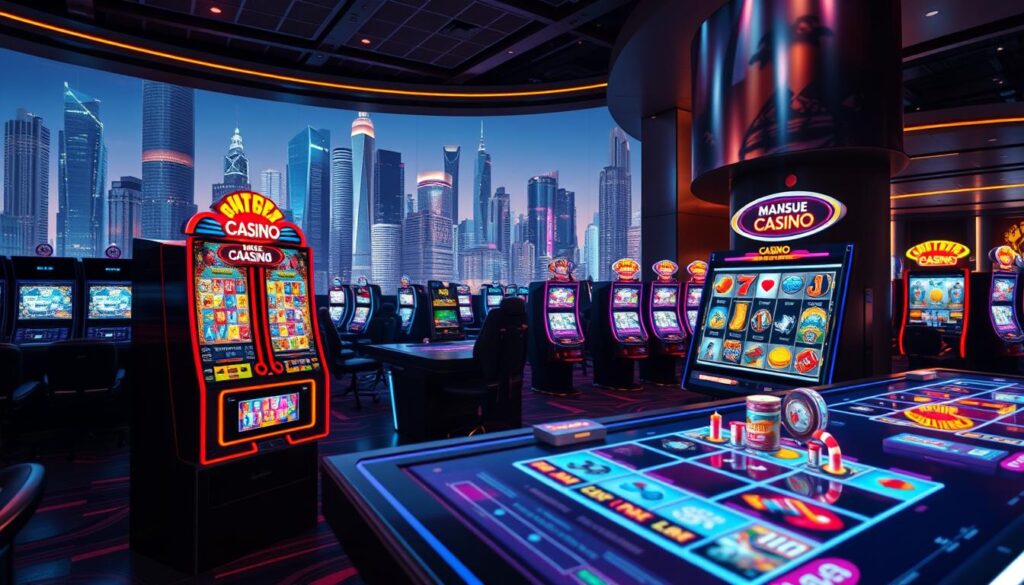 A brightly lit, high-resolution digital casino table in the foreground, showcasing a vibrant slot machine game with animated characters and vivid colors. In the middle ground, a panoramic view of a sleek, modern online casino lobby with various game stations and interactive displays. The background features a cityscape of skyscrapers and neon lights, conveying a sense of urban excitement and the thrill of digital entertainment. The overall scene exudes a polished, cutting-edge aesthetic, with a focus on the captivating gameplay of the featured slot machine game.