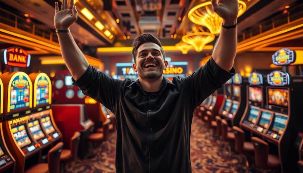 A brightly lit, high-resolution image of a successful casino player standing triumphantly, their hands raised in celebration, surrounded by glittering slot machines and gaming tables in the background. The player's expression conveys a sense of excitement and joy, their eyes sparkling with the thrill of victory. The scene is captured from a dramatic angle, with the player towering over the bustling casino floor, a testament to their gaming prowess and good fortune. Warm, golden lighting bathes the scene, creating a sense of warmth and energy, while the detailed textures and reflections of the casino elements lend an air of realism to the image.