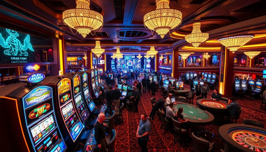A brightly lit, modern casino interior with a lively atmosphere. The foreground features a selection of popular casino games like slots, blackjack, and roulette tables, with sophisticated lighting and attention to detail. The middle ground showcases crowds of engaged players, their faces animated with excitement. In the background, a panoramic view of the casino floor reveals a grand, opulent design with high ceilings, chandeliers, and plush furnishings, creating a sense of grandeur and entertainment. The overall scene conveys the energy and excitement of a thriving casino, inviting the viewer to immerse themselves in the gaming experience.