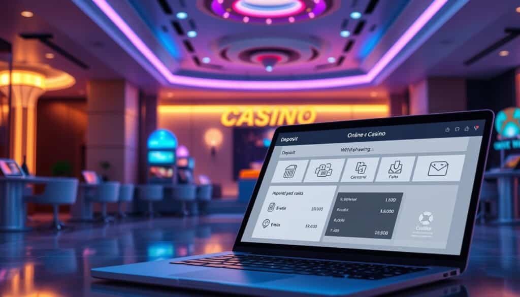 A brightly lit online casino lobby, with sleek and modern design elements. In the foreground, a laptop or mobile device prominently displays various deposit and withdrawal options, including credit/debit cards, e-wallets, and bank transfers. The middle ground features stylized icons and infographics illustrating the speed, security, and convenience of the casino's financial transactions. The background showcases a clean, minimalist environment with subtle casino-themed motifs, creating an atmosphere of professionalism and trust. Lighting is soft and diffused, creating a sense of elegance and sophistication. The overall scene conveys a seamless, secure, and user-friendly online gambling experience.