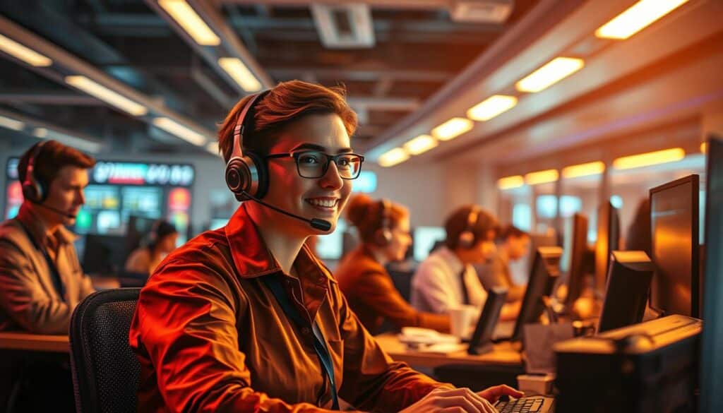 A bustling 24-hour customer service center, with a team of helpful agents diligently attending to inquiries. The scene is bathed in a warm, inviting glow from the overhead lighting, creating a sense of professionalism and reliability. In the foreground, a customer service representative sits at their desk, headset on, ready to address any concerns with a friendly and attentive demeanor. The middle ground showcases the wider office, with a flurry of activity as other agents provide support to multiple customers simultaneously. The background features a sleek, modern office design, conveying a sense of efficiency and technological integration, essential for a seamless online gaming experience.