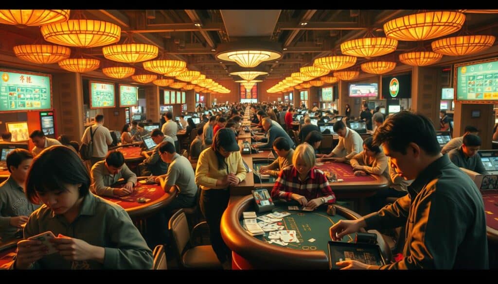 A bustling Taiwanese baccarat market, captured with a wide-angle lens under warm, golden afternoon light. In the foreground, players intensely study their cards and chips, their faces reflecting the thrill of the game. In the middle ground, dealers swiftly distribute cards, their practiced motions a well-choreographed dance. The background reveals a maze of crowded gaming tables, creating an atmosphere of excitement and anticipation. The overall scene conveys the vibrant, high-stakes nature of baccarat gambling in Taiwan, where fortunes are won and lost in the blink of an eye.
