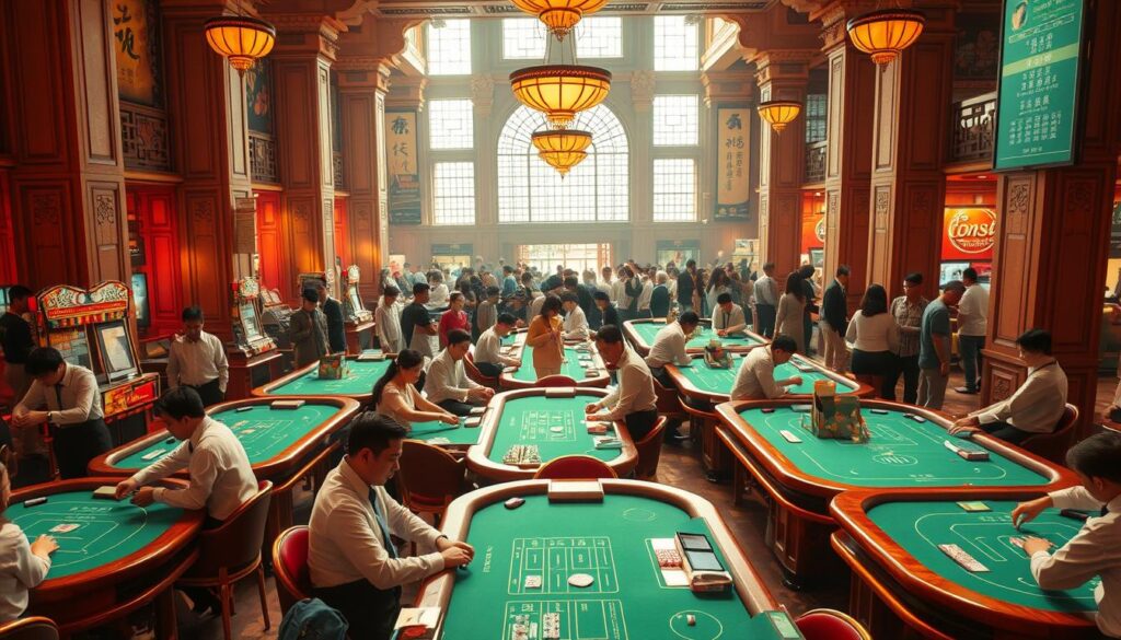 A bustling Taiwanese baccarat market, illuminated by warm natural lighting filtering through large windows. The foreground features rows of casino tables, green felt surfaces and croupiers in crisp uniforms attending to players engrossed in the game. In the middle ground, patrons observe the tables, expressions ranging from intense focus to casual enjoyment. The background reveals the market's architecture - high ceilings, ornate columns and intricate tilework, evoking the cultural heritage of this gaming hub. An atmosphere of energetic activity and social interaction pervades the scene, capturing the essence of the Taiwanese baccarat gaming experience.
