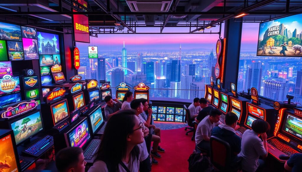 A bustling Taiwanese gaming hub, filled with vibrant virtual landscapes. In the foreground, a group of enthusiastic gamers immersed in a variety of online casino games, their faces lit by the glow of screens. The middle ground showcases a diverse array of popular game titles, each with its own distinct visual flair. In the background, a panoramic view of the city skyline, hinting at the growing popularity and integration of these digital entertainment hubs within the local culture. Warm lighting and a sense of camaraderie create an inviting atmosphere, reflecting the unique gaming preferences and social dynamics of Taiwanese players.