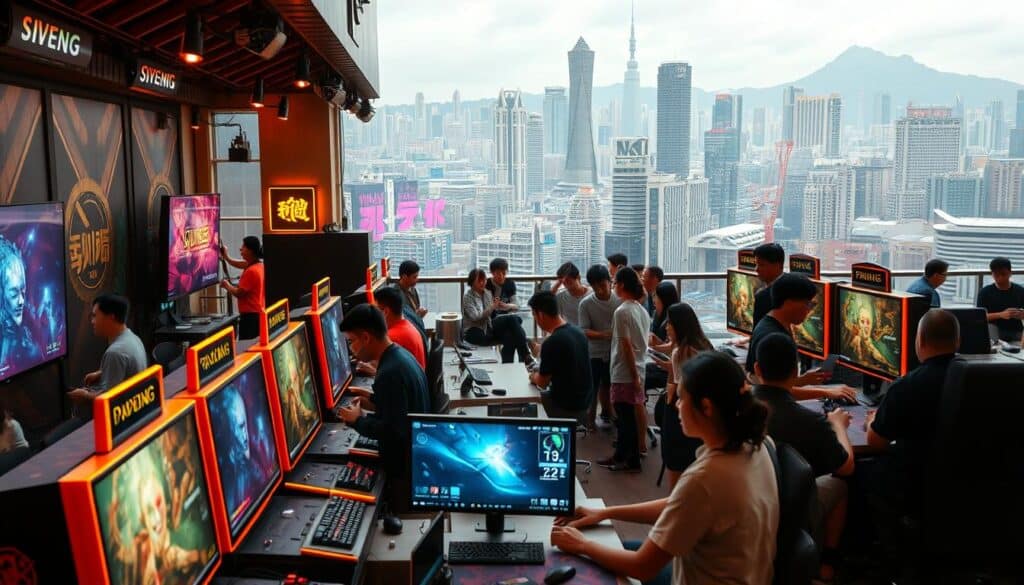 A bustling Taiwanese gaming hub, showcasing a diverse array of players' preferences and needs. In the foreground, vibrant gaming stations with cutting-edge displays and immersive controllers captivate enthusiasts. The middle ground features a social gathering area, where friends engage in lively discussions and share gaming strategies over refreshments. In the background, a dynamic skyline of Taipei's iconic landmarks, reflecting the urban landscape that shapes the local gaming culture. Warm, diffused lighting creates a welcoming atmosphere, while strategic camera angles capture the energy and excitement of the Taiwanese gaming community.