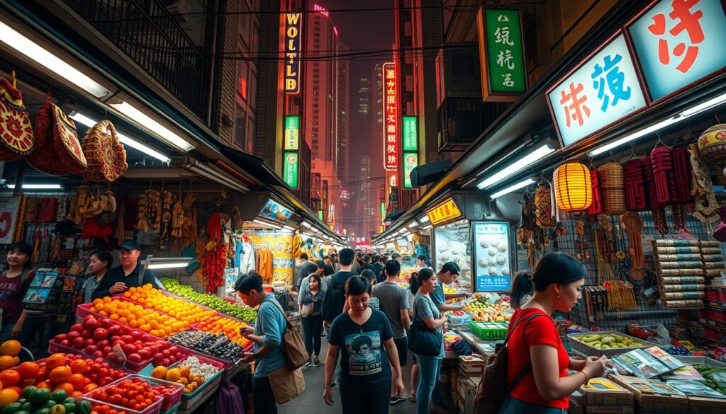A bustling Taiwanese market scene, captured with a wide-angle lens. In the foreground, stalls brimming with vibrant produce and intricate handicrafts, their vendors engaged in lively negotiations. The middle ground reveals a maze of narrow aisles, where shoppers navigate through the crowds, their faces alight with the energy of the bazaar. In the background, towering buildings and neon signs hint at the urban landscape that surrounds this oasis of local commerce, casting a warm, golden glow across the entire scene. The lighting is soft and diffused, lending an air of authenticity and timelessness to the image. This tableau showcases the unique challenges and charm of the Taiwanese market, a bustling hub of commerce and cultural exchange.