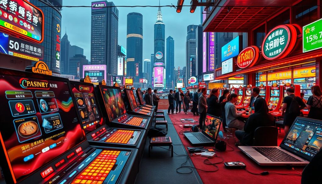 A bustling Taiwanese online gaming market, captured in a vibrant, high-definition scene. In the foreground, a sleek, modern interface showcases a variety of interactive casino-style games, their neon-lit buttons and digital animations drawing the eye. The middle ground features a diverse array of mobile devices and laptops, representing the convenient, on-the-go nature of the market. In the background, a cityscape of towering skyscrapers and bustling streets sets the urban context, hinting at the scale and dynamism of the industry. Soft, warm lighting casts an inviting glow, creating an atmosphere of excitement and anticipation. The image conveys the thriving, tech-savvy nature of the Taiwanese online gaming landscape.