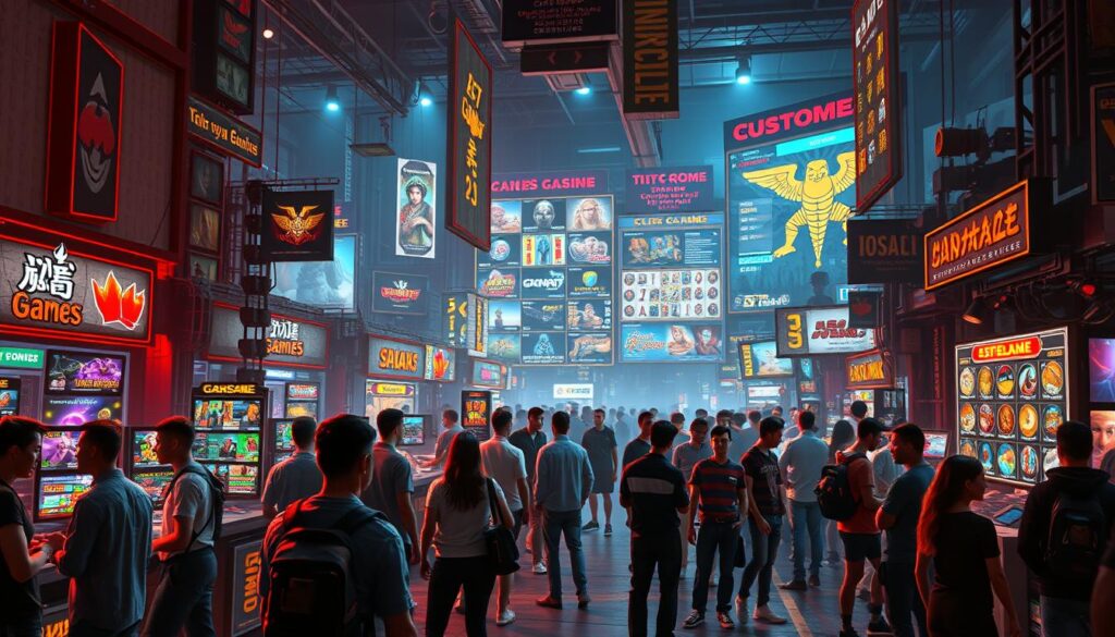 A bustling and vibrant market scene, showcasing the strategic dynamics of online casino game customization. In the foreground, a group of gamers engages in lively discussions, debating the latest trends and tactics. The middle ground is a tapestry of colorful game assets, UI elements, and personalized features, highlighting the diverse customization options available. In the background, a larger-than-life display showcases the most popular customized games, drawing the attention of curious onlookers. Warm, vibrant lighting casts a sense of energy and excitement, while a slightly elevated camera angle provides a comprehensive view of the dynamic market landscape. The overall atmosphere conveys the thrill and potential of tailoring online casino games to meet the evolving needs and preferences of discerning players.