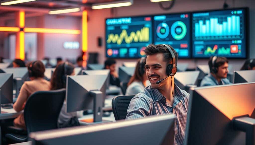 A bustling call center with customer service agents sitting at their desks, surrounded by sleek computer monitors and headsets. The atmosphere is vibrant, with a modern, minimalist aesthetic. Soft, warm lighting illuminates the scene, creating a welcoming and professional ambiance. In the foreground, an agent is engaged in a friendly conversation, their expression attentive and customer-focused. The middle ground features a team of agents, each diligently handling queries and resolving issues. In the background, a large monitor displays performance metrics, highlighting the team's commitment to service excellence. The overall scene conveys a sense of efficiency, responsiveness, and a dedication to delivering a seamless customer experience.