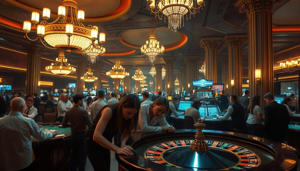 A bustling casino during peak hours, with patrons eagerly gathered around the gaming tables. The atmosphere is charged with excitement, the air thick with anticipation. Bright chandeliers cast a warm, inviting glow, casting shadows that dance across the polished marble floors. High ceilings and ornate columns suggest a grand, opulent setting, while the sound of chips clinking and dice rolling creates a pulsing, rhythmic backdrop. In the foreground, a group of players lean intently over a roulette wheel, their faces alight with concentration. A sense of high-stakes drama permeates the scene, as the potential for both triumph and defeat hangs in the balance.