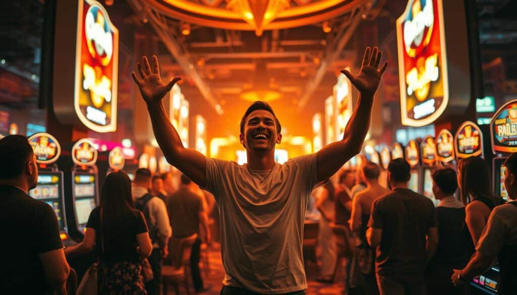 A bustling casino floor, bathed in warm, golden light. At the center, a player stands triumphantly, their face alight with joy and a sense of accomplishment. Surrounding them, a crowd of onlookers, each captured in a moment of shared excitement and camaraderie. The player's body language exudes confidence, their hands raised in a gesture of victory. In the background, the glittering lights of slot machines and the muted chatter of the casino create a vibrant, immersive atmosphere. The scene captures the thrill of a hard-earned success, the sense of community, and the transformative power of the gaming experience.
