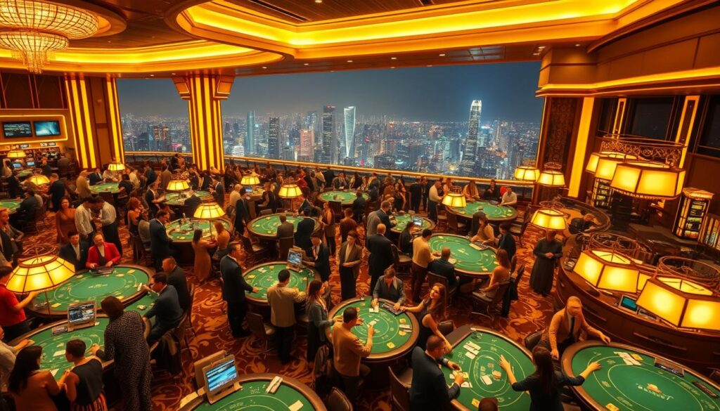 A bustling casino floor, bathed in warm, golden lighting. Crowds of eager patrons surround the baccarat tables, their faces alight with excitement as they place their bets. The tables are adorned with elegant green felt, and dealers expertly shuffle and deal the cards. In the background, a panoramic view of the city skyline, hinting at the vibrant nightlife and the allure of high-stakes gambling. The atmosphere is electric, capturing the widespread popularity and appeal of baccarat in Taiwan's thriving casino industry.