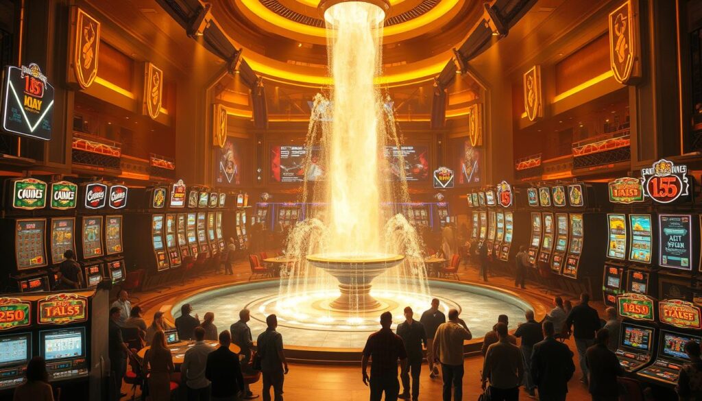 A bustling casino floor comes to life, bathed in warm, golden light that casts a inviting glow. Towering slot machines and roulette tables beckon, their flashing lights and spinning reels promising endless entertainment. In the center, a gleaming water fountain adds a serene touch, its cascading streams mirroring the excitement all around. Groups of patrons gather, their faces alight with anticipation as they engage in the thrill of the games. The atmosphere is electric, a symphony of sounds - the chatter of laughter, the chimes of winning spins, the suspenseful hum of the action. This is the ultimate destination for pure gaming bliss, a sanctuary of entertainment where dreams of fortune and adventure come to life.