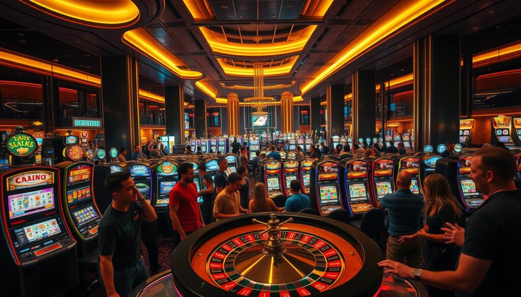A bustling casino floor, filled with the alluring lights and sounds of slot machines and gaming tables. In the foreground, a group of enthusiastic players gathered around a roulette wheel, their faces alight with excitement as the ball spins. In the middle ground, rows of slot machines beckon, their screens flashing with colorful symbols and enticing jackpots. The background is a sleek, modern interior, with high ceilings and elegant decor, creating an atmosphere of sophistication and grandeur. Warm, golden lighting casts a inviting glow over the scene, heightening the sense of anticipation and the promise of potential riches. The overall mood is one of vibrant energy, where the thrill of the game and the allure of potential winnings draw in players from all walks of life.
