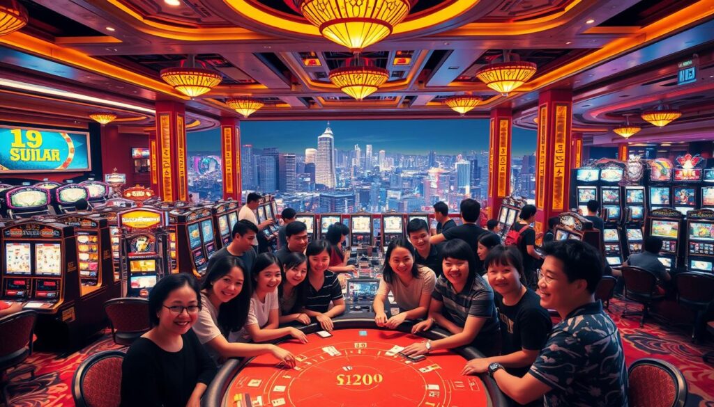 A bustling casino floor in Taipei, Taiwan, illuminated by warm, golden lighting. In the foreground, a group of thrilled Taiwanese gamblers crowd around a baccarat table, their faces alight with anticipation. The middle ground features a sea of slot machines, their screens flashing with dazzling graphics. In the background, a panoramic view of the city skyline, hinting at the allure of the bustling nightlife. The scene exudes an atmosphere of excitement, camaraderie, and the thrill of the game, capturing the distinct gaming habits and preferences of Taiwanese players.