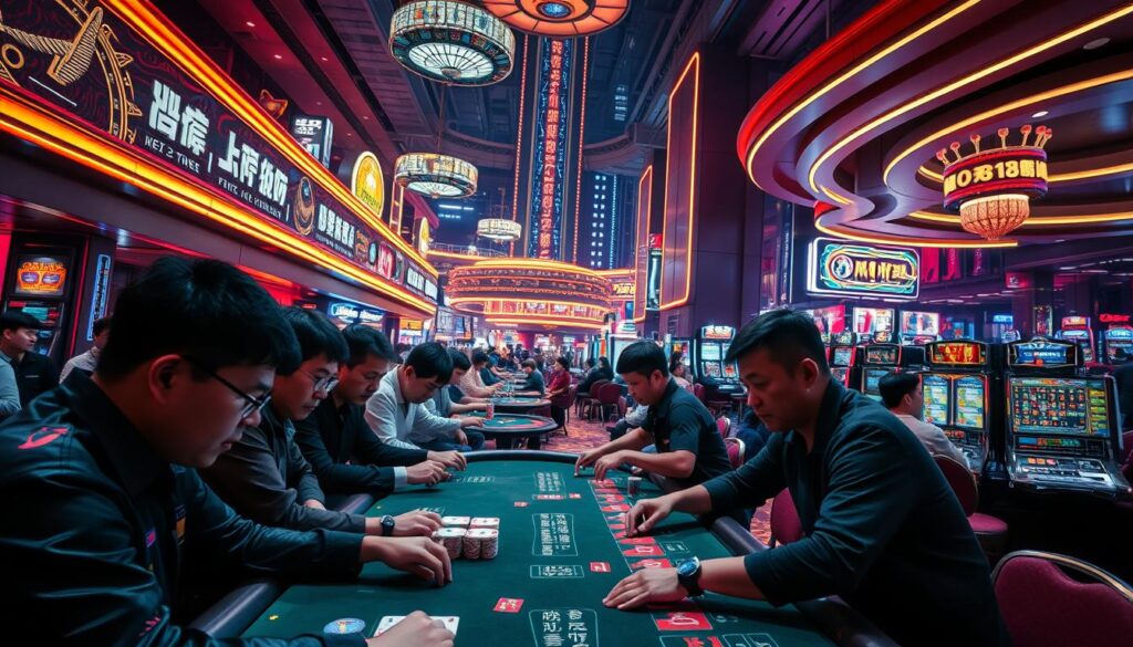 A bustling casino floor in Taipei, with neon lights casting an electric glow across the tables. In the foreground, a group of Taiwanese gamblers intently focused on their cards and chips, their expressions a mix of concentration and anticipation. The middle ground reveals a diverse array of games, from roulette wheels to slot machines, each attracting a steady stream of players. In the background, the towering architecture of the casino creates a sense of grandeur and excitement, reflecting the high-stakes nature of the activities within. The overall atmosphere conveys the thrill and intensity that characterizes the gambling culture in Taiwan.