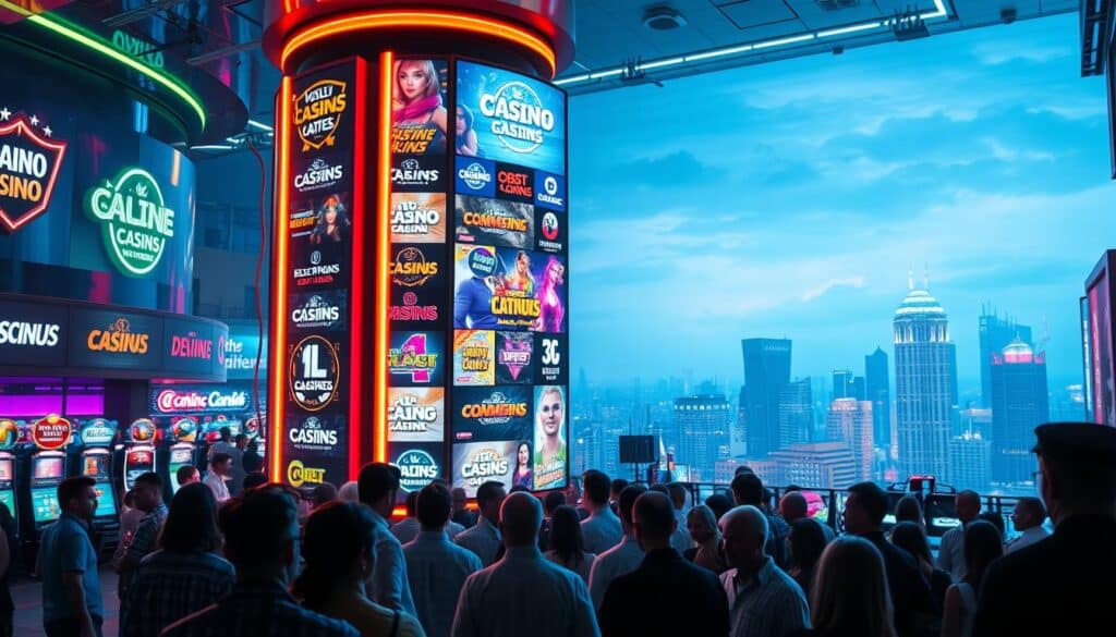 A bustling casino floor, neon lights casting a vibrant glow across the scene. In the center, a towering digital display showcasing a range of online casino games, their logos and branding prominently featured. Surrounding the display, a crowd of people immersed in the excitement, their expressions a mix of anticipation and concentration. In the background, a panoramic view of the city skyline, hinting at the broader digital landscape where search engine optimization (SEO) plays a crucial role in driving visibility and engagement. The lighting is sharp and dramatic, creating a sense of energy and dynamism that captures the essence of how SEO integrates into the thriving world of online entertainment.