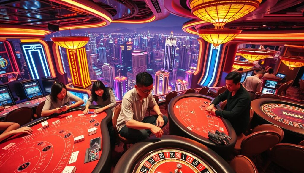 A bustling casino floor, neon lights casting a vibrant glow. At the center, a group of Taiwanese players immersed in their favorite table games - Baccarat, Blackjack, and Roulette. Their expressions intense, hands deftly manipulating the cards and chips, a sense of focused concentration permeating the air. In the background, a panoramic view of the Macau skyline, towering casinos and hotels forming a sleek, modern backdrop. The lighting is warm and inviting, creating an atmosphere of excitement and anticipation. The camera angle is slightly elevated, capturing the scene from an overhead perspective, highlighting the players' engaged body language and the rhythm of the games unfolding below.