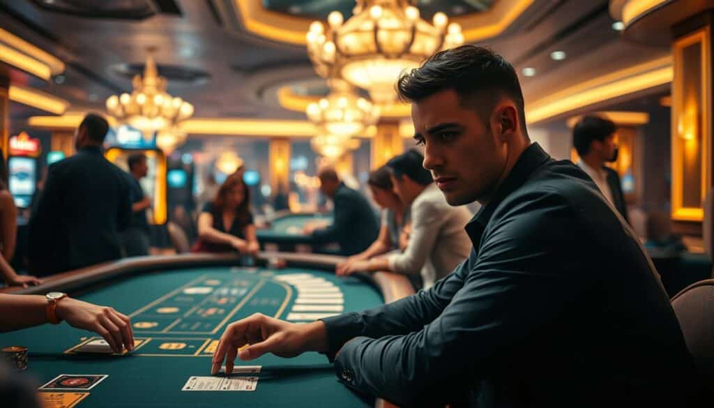 A bustling casino floor, the air charged with excitement. In the foreground, a player sits intently at a baccarat table, their face a mask of concentration as they contemplate their next move. Surrounding them, a blur of activity - dealers deftly dealing cards, patrons leaning in with eager anticipation. The lighting casts a warm, golden glow, creating an atmosphere of high-stakes thrill. In the background, the casino's opulent decor comes into focus, hinting at the wealth and luxury that draw players to this establishment. The scene captures the essence of the player's experience - the intensity, the adrenaline, the pursuit of victory in this temple of chance.