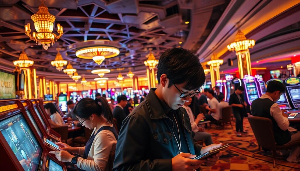 A bustling casino floor with Taiwanese gamblers deeply engrossed in their favorite online betting games. The room is bathed in a warm, golden glow, creating an inviting atmosphere. In the foreground, a group of players intently studying their mobile devices, their faces illuminated by the screens as they make strategic wagers. In the middle ground, others gathered around gaming tables, hands clasping chips and eyes narrowed in concentration. The background reveals a panoramic view of the casino's luxurious interior, complete with ornate chandeliers and plush furnishings. The scene captures the dynamic energy and intense focus of Taiwanese players as they indulge in their gaming passions.