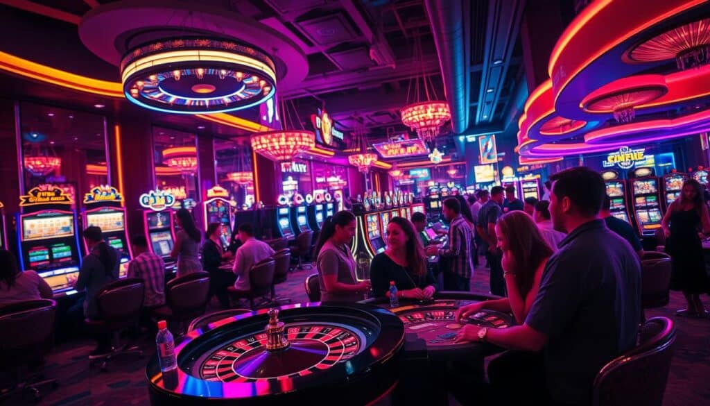 A bustling casino floor with vibrant neon lights, sleek gaming tables, and engaged players immersed in the excitement of the games. The scene is captured through a wide-angle lens, showcasing the grandeur of the establishment and the dynamic atmosphere. Soft, warm lighting illuminates the scene, creating a welcoming ambiance. In the foreground, a group of players are gathered around a roulette table, their faces alight with anticipation as the ball spins. In the middle ground, slot machines beckon with their flashing displays, and the chatter of conversation and the clinking of chips fill the air. The background fades into a blur of activity, highlighting the focus on the central gaming experience.
