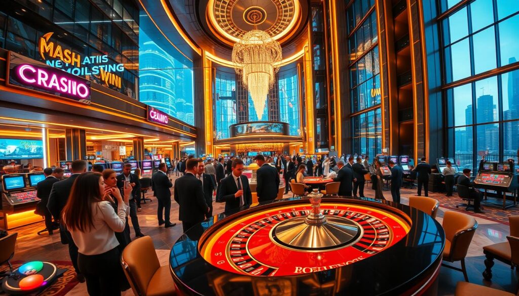 A bustling casino in a modern metropolis, its neon lights and sleek architecture exuding an air of sophistication and excitement. In the foreground, a group of well-dressed patrons gather around a roulette table, their faces alight with the thrill of the game. The middle ground features a high-ceilinged lobby, its marble floors and opulent decor creating a sense of grandeur. In the background, towering glass facades offer glimpses of the city skyline, hinting at the boundless opportunities and experiences that await. Warm, golden lighting casts a welcoming glow, while the camera's wide-angle lens captures the sheer scale and allure of this high-efficiency entertainment hub.