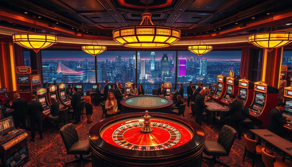 A bustling casino interior, dimly lit with warm amber hues, the air electric with anticipation. At the center, a grand roulette table, its polished surface gleaming under the soft glow of overhead chandeliers. Surrounding it, rows of slot machines flash and chime, their screens alive with vibrant symbols. In the background, a panoramic view of the city skyline, the neon lights of skyscrapers painting the night sky. Smartly dressed patrons gather around the tables, their faces alight with excitement as they place their bets, the thrill of the game palpable in the atmosphere. A sense of high-stakes excitement and promise of big payouts permeates the scene, creating an immersive, cinematic experience of a premier online casino.