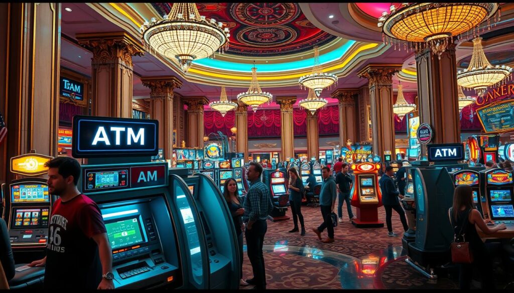 A bustling casino interior with a prominent ATM machine in the foreground, surrounded by casino patrons eagerly withdrawing funds. The middle ground features a mix of slot machines, table games, and other gambling activities, all bathed in a warm, neon-infused lighting scheme. The background showcases the grandeur of the casino's architecture, with ornate columns, chandeliers, and a sense of opulence. The overall atmosphere conveys a sense of excitement, anticipation, and the thrill of fast-paced, high-stakes gambling. The scene is captured from a slightly elevated angle, emphasizing the dynamic energy of the casino environment.