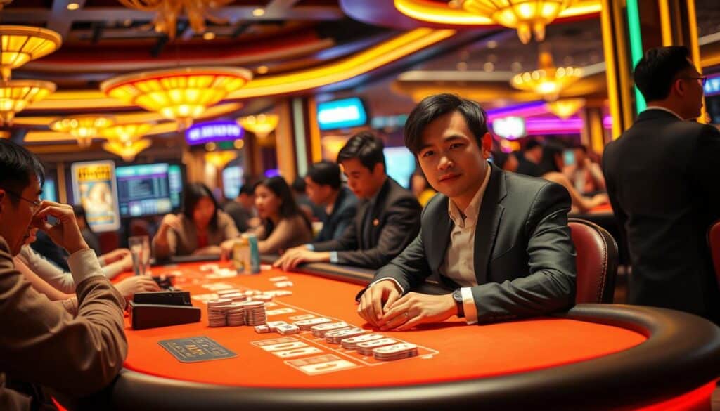 A bustling casino interior, with well-dressed casino patrons engaged in a high-stakes game of baccarat. In the foreground, a Taiwanese player sits calmly, their face displaying a serene confidence as they tally their winnings. The table is illuminated by warm, ambient lighting, casting a soft glow over the scene. In the background, the casino's opulent decor and atmosphere of excitement and anticipation create a captivating atmosphere. The composition emphasizes the player's success, conveying a sense of achievement and the potential for financial prosperity through skillful gameplay.