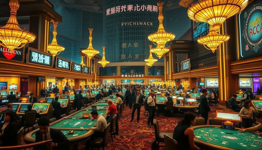 A bustling casino market in Taiwan, with rows of neon-lit gambling tables and crowds of patrons deeply engaged in the thrilling game of Baccarat. In the foreground, the tables are adorned with ornate felt surfaces, illuminated by the warm glow of overhead chandeliers. In the middle ground, casino staff in crisp uniforms move with practiced efficiency, tending to the needs of the players. In the background, the striking architecture of the casino complex rises, its reflective glass and steel facades creating a sense of modernity and sophistication. The atmosphere is one of excitement and anticipation, as the players weigh their bets and strategize their moves, immersed in the captivating world of this iconic Taiwanese gambling market.