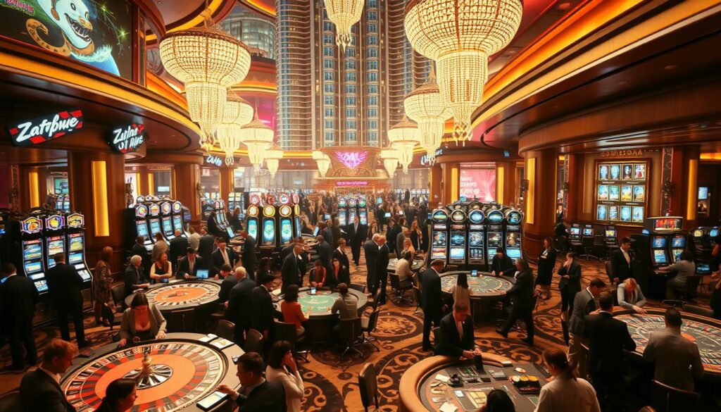 A bustling casino scene, the bright lights and excitement of a Vegas-style gaming floor. In the foreground, well-dressed patrons crowd around tables, eagerly placing bets on roulette, blackjack, and poker. The middle ground features a mix of slot machines and other electronic gaming terminals, their screens flashing with colorful graphics. In the background, a towering glass-and-steel facade suggests a luxurious, high-end casino resort. The scene is bathed in a warm, golden light, creating a sense of opulence and anticipation. The atmosphere is electric, with a palpable energy as players try their luck, hoping to strike it big.