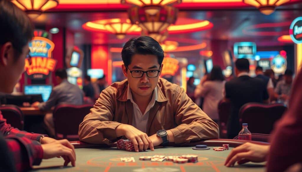 A bustling casino scene, warm-toned and vibrant, with a focused Taiwanese gambler at the center, brimming with confidence and strategic prowess. The table is illuminated by soft, diffused lighting, casting subtle shadows that accentuate the player's intense concentration. In the background, a blur of activity - dealers, other players, and the atmospheric hum of the casino, all contributing to the high-stakes atmosphere. The composition emphasizes the player's mastery, with a sense of control and precision, hinting at the key factors behind their success: discipline, analytical thinking, and a deep understanding of the game.