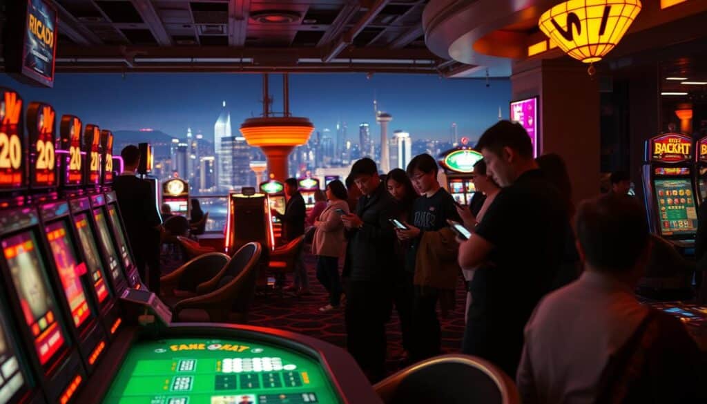 A bustling casino scene with a gaming table and slot machines in the foreground, illuminated by warm, ambient lighting. In the middle ground, a group of patrons intently focused on their screens, accessing real-time information and updates on their devices. The background features a panoramic view of the city skyline, hinting at the high-paced, immersive world of casino gaming. The overall atmosphere conveys a sense of excitement, immediacy, and the seamless integration of technology into the gaming experience.