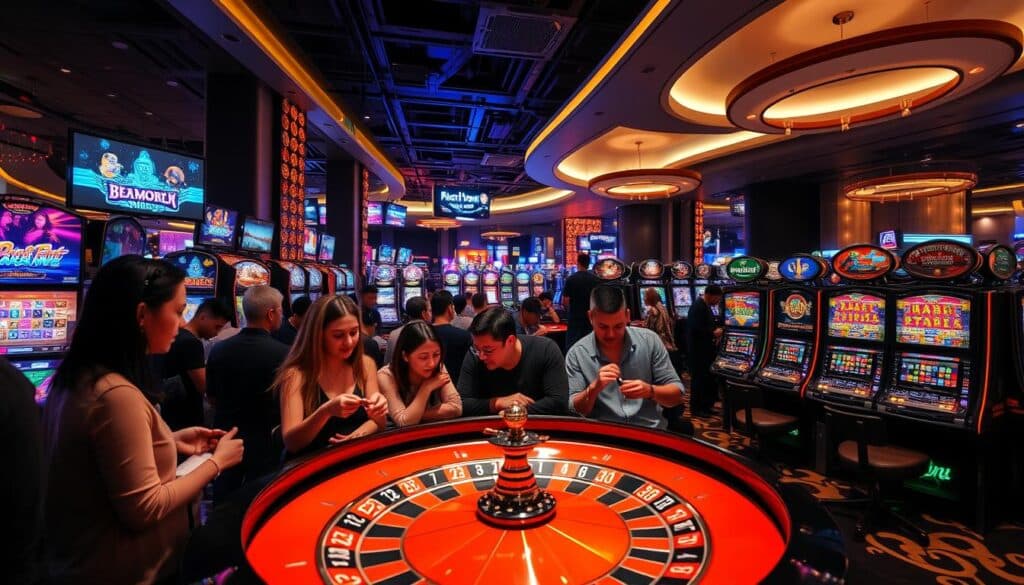 A bustling casino scene with a variety of popular online gambling games displayed on vibrant digital screens. In the foreground, a group of excited players gathered around a roulette table, their expressions intense as the ball spins. The middle ground features rows of slot machines with colorful, neon-lit interfaces, drawing in players with the promise of big wins. In the background, a sleek, modern interior with high ceilings and subdued lighting creates an atmosphere of sophistication and excitement. The overall scene conveys the thrill and energy of a top-tier gaming establishment, capturing the essence of the "熱門娛樂城遊戲" experience.