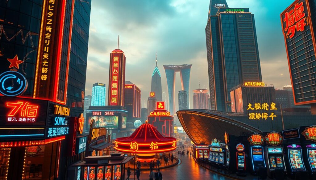 A bustling casino skyline in Taipei, Taiwan in the year 2025. In the foreground, a neon-lit entrance to a towering entertainment complex, its sleek glass facade reflecting the vibrant lights of the city. The middle ground features a series of smaller gambling establishments, their marquees advertising the latest slot machines and table games. In the background, a skyline of modern skyscrapers and high-rise towers, creating an awe-inspiring backdrop to the thriving gambling district. The scene is bathed in a warm, golden glow, suggesting a prosperous and thriving industry. The overall atmosphere is one of excitement, glamour, and the promise of potential riches.