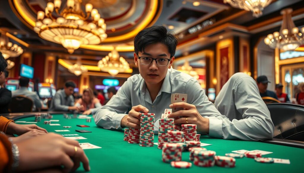 A bustling casino table, the green felt illuminated by warm overhead lighting. In the foreground, a Taiwan player confidently stacks his chips, his expression focused and determined. The middle ground showcases the action, with cards in hand and chips exchanging between players. In the background, the grand casino interior is visible, with ornate chandeliers and luxurious decor. The scene exudes a sense of success, showcasing the expertise and triumph of the Taiwanese player navigating the high-stakes world of Texas hold'em.