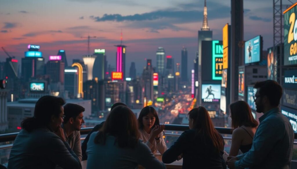 A bustling city skyline at dusk, neon signs and billboards illuminating the night. In the foreground, a group of people gathered around a table, engaged in lively discussion about online gaming options. The scene conveys a sense of anticipation and decision-making, as they carefully weigh the features and reputation of various online entertainment platforms. Soft, warm lighting creates an inviting atmosphere, while the cityscape in the background suggests a modern, tech-savvy setting. The perspective is slightly elevated, allowing for a comprehensive view of the scene. Cinematic depth of field, with the foreground figures in sharp focus and the background softly blurred, guides the viewer's attention to the central interaction.