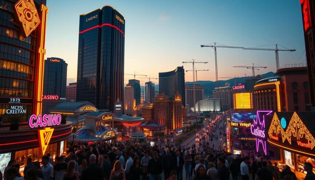 A bustling city skyline at dusk, with towering high-rises and neon casino lights reflecting off the sleek glass facades. In the foreground, a crowd of people gathers around a grand casino entrance, their faces illuminated by the warm glow of the signage. The middle ground features a mix of luxury hotels, lavish entertainment complexes, and bustling pedestrian traffic, conveying the vibrant energy of the gaming industry. In the background, the horizon is dotted with cranes and construction sites, hinting at the ongoing expansion and development of this dynamic sector. The scene is captured with a cinematic wide-angle lens, emphasizing the scale and grandeur of the gaming landscape.